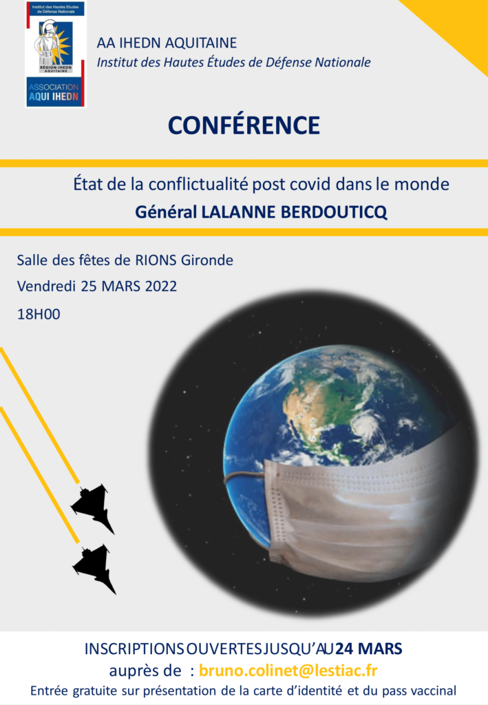 Flyer décrivant la conférence IHEDN sur le thème de "État de la conflictualité post covid dans le monde" le vendredi 25 mars à 18h à Rions