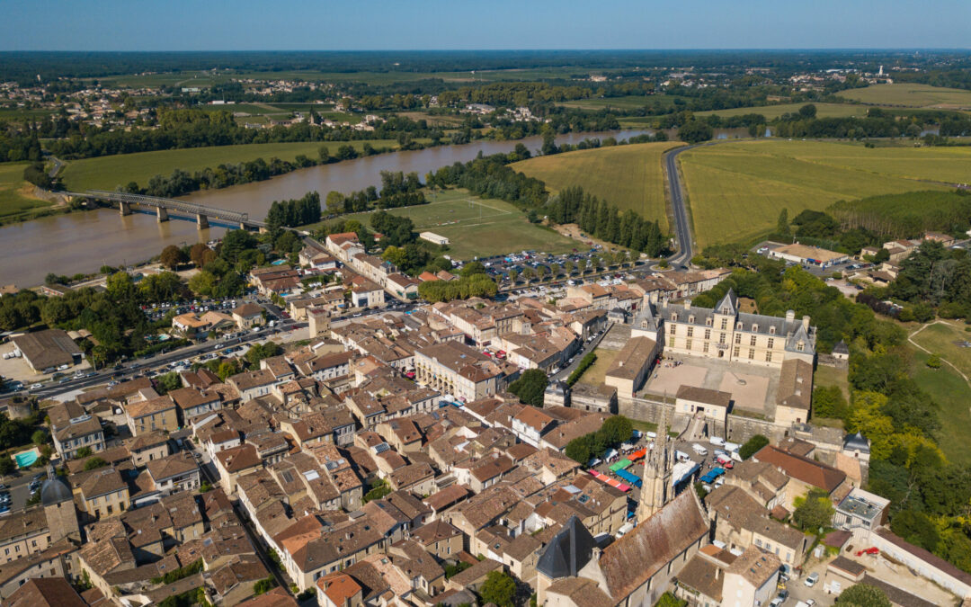 Aerial view, France, the renaissance castle, Cadillac in Gironde, filmed by drone, Aquitaine